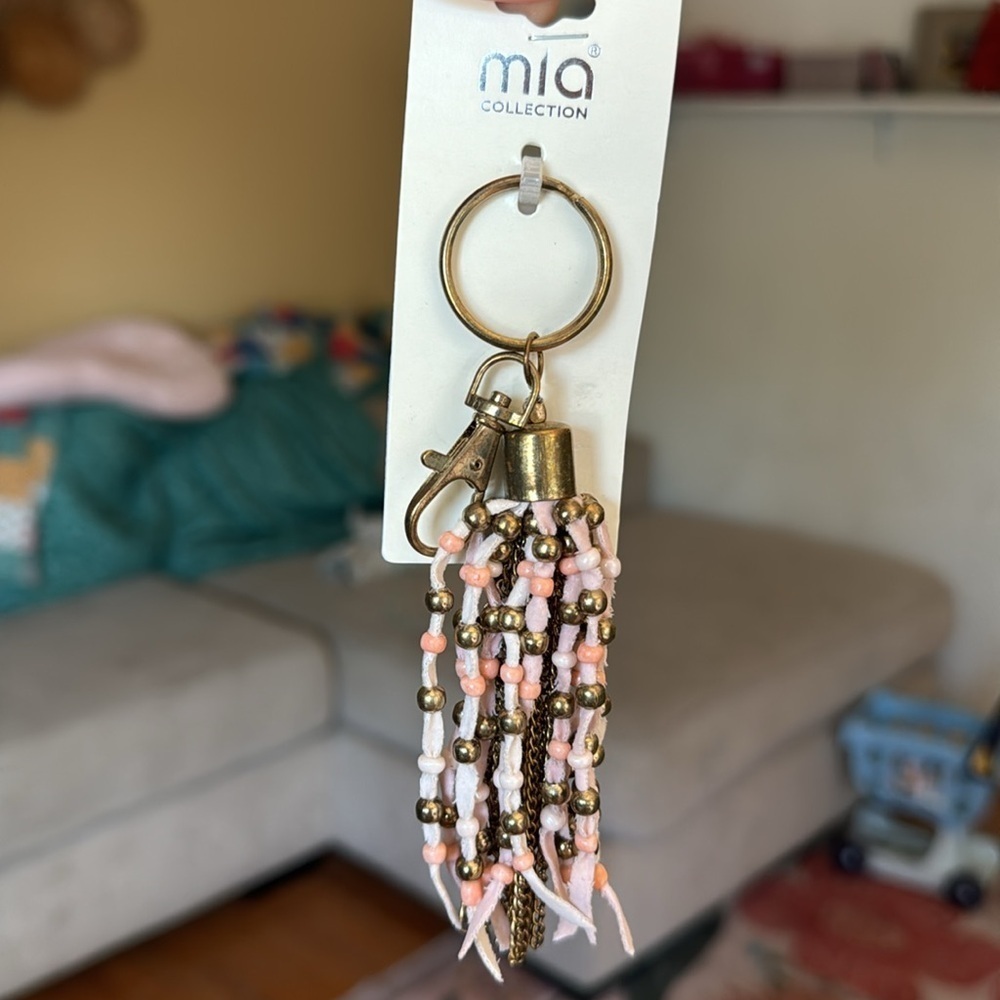 Mia Collection Gold Tarnished Pink Beaded Boho Fringe Chain Tassel Keychain